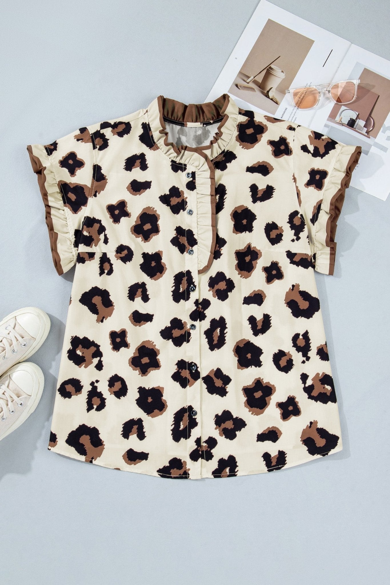 Khaki Plus Size Leopard Print Frilled Color Block Trim Button Down Short Sleeve Blouse - Loving It Shop