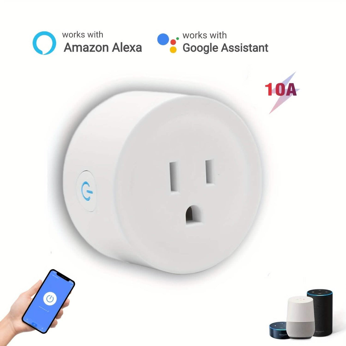 Smart WiFi Plug Outlet Adapter, Works with Alexa &amp; Google, Timer, Voice Control, 2.4GHz Network Home Automation