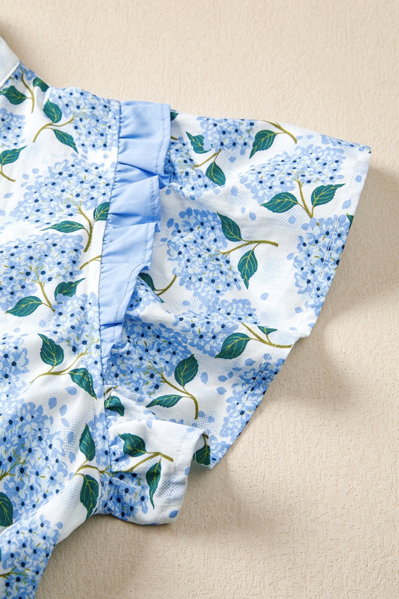 Sky Blue Hydrangea Floral Print Ruffle Trim Flutter Sleeve Long Dress - Loving It Shop