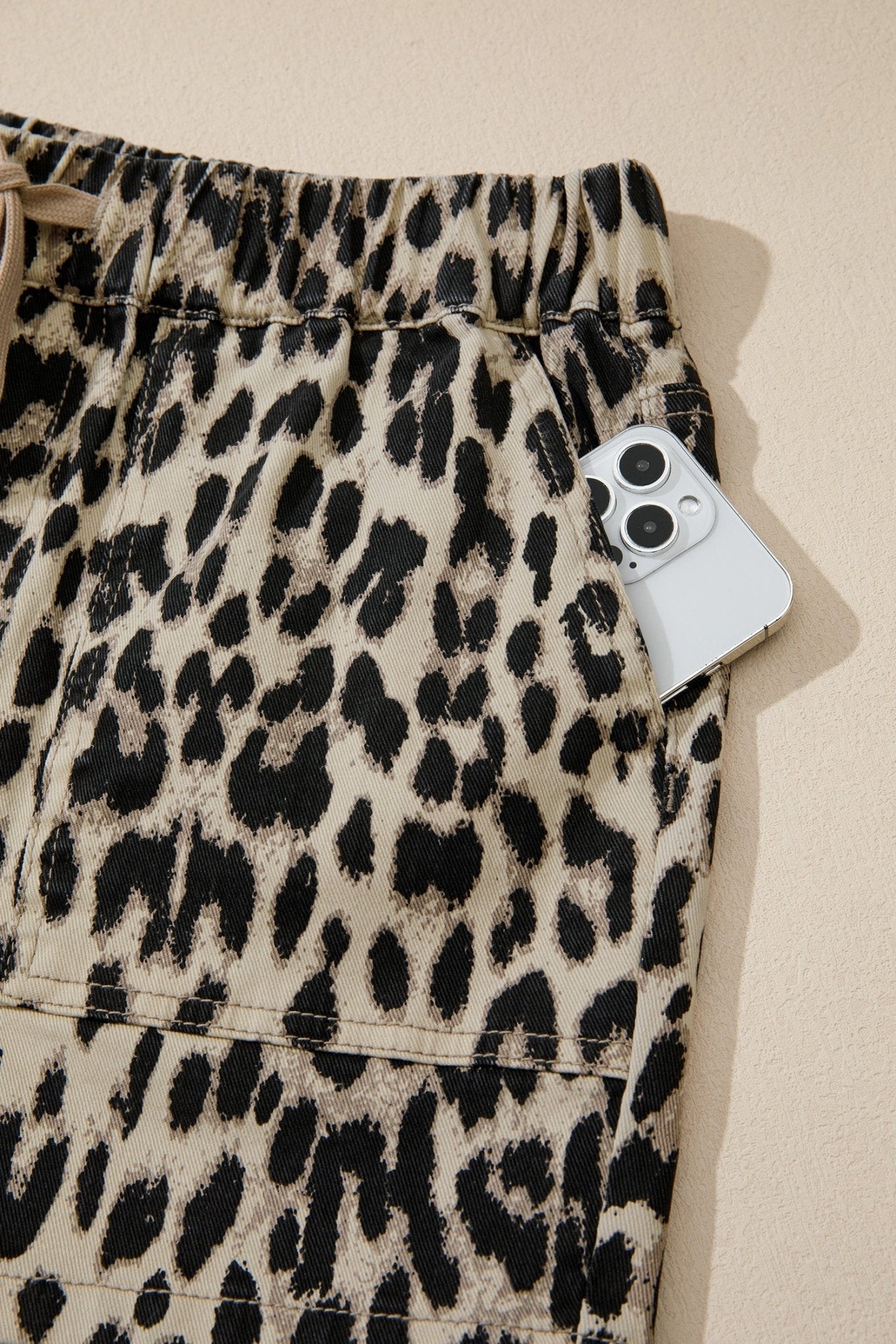 Brown Retro Leopard Print Lace - up Elastic Waistband Mid Rise Denim Shorts - Loving It Shop