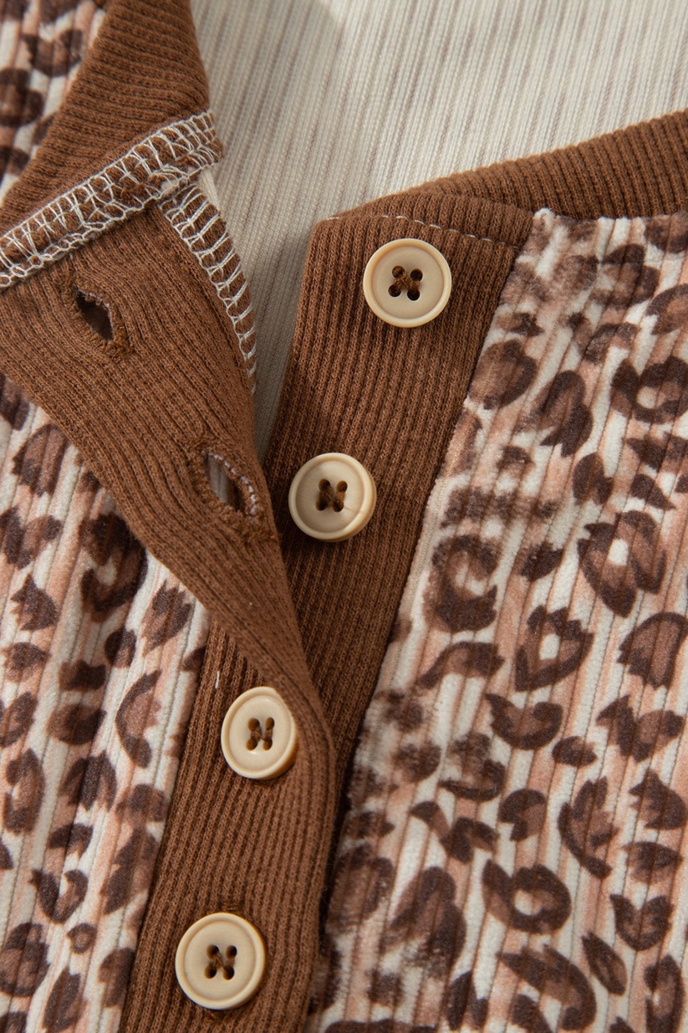 Brown Leopard Print Ribbed Patchwork Half Button Loose Tee Elastic Waist Short 2pcs Set - Loving It Shop