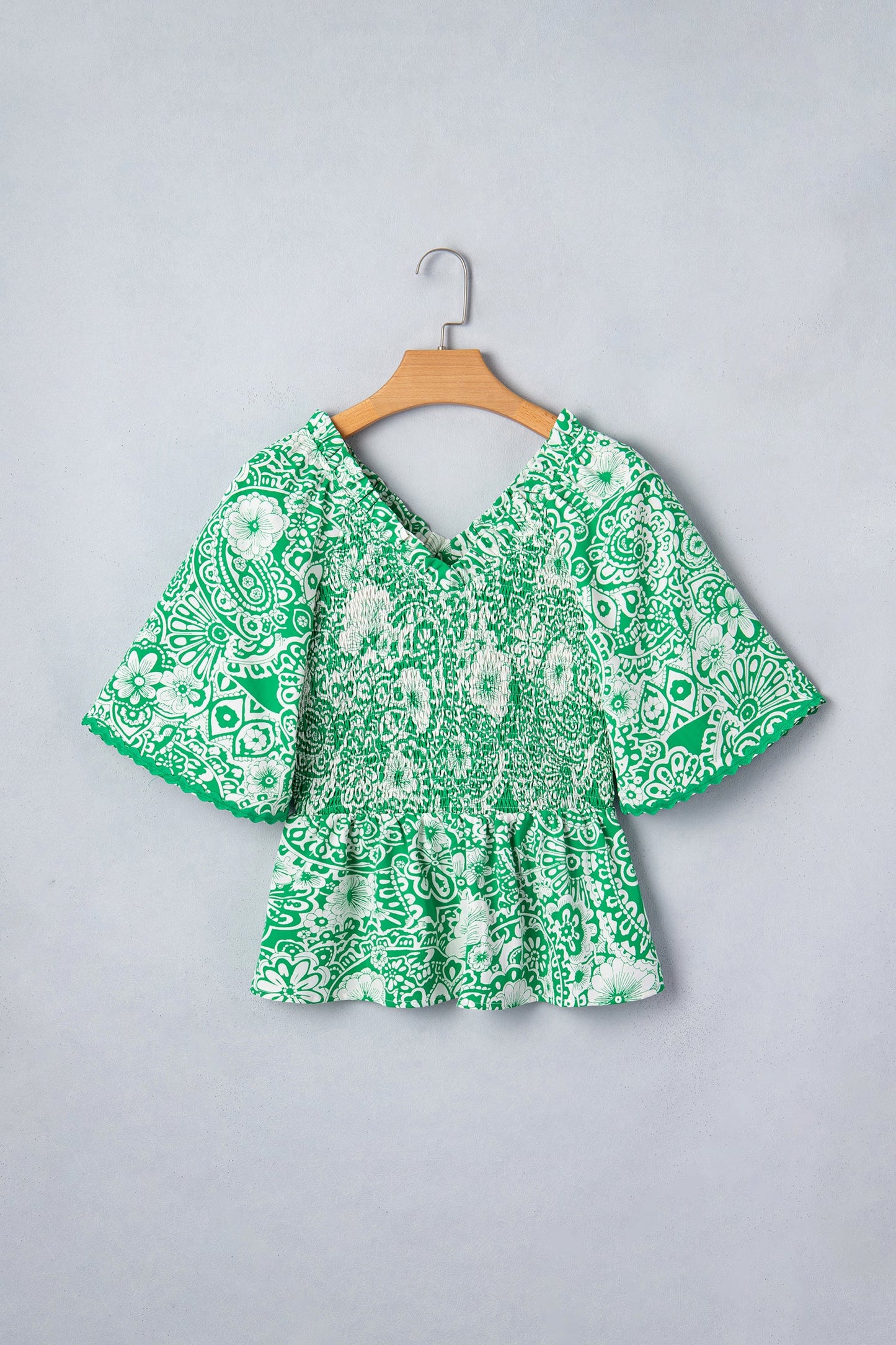 Green Flirty Floral Smocked V Neck Blouse