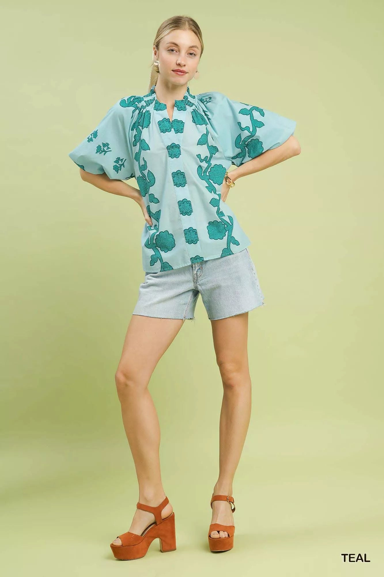 Floral Smocked Notched Puff Sleeve Blouse