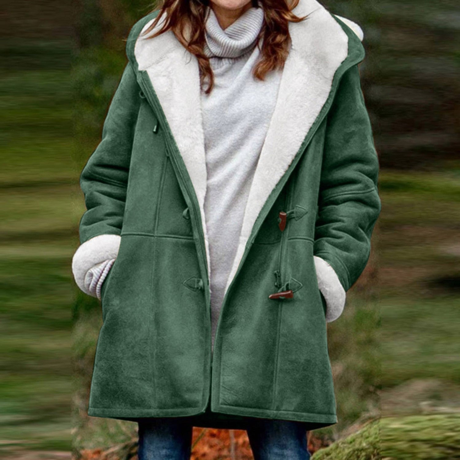 Winter Button Coat Fashion Warm Hooded Jacket With Pockets Women&