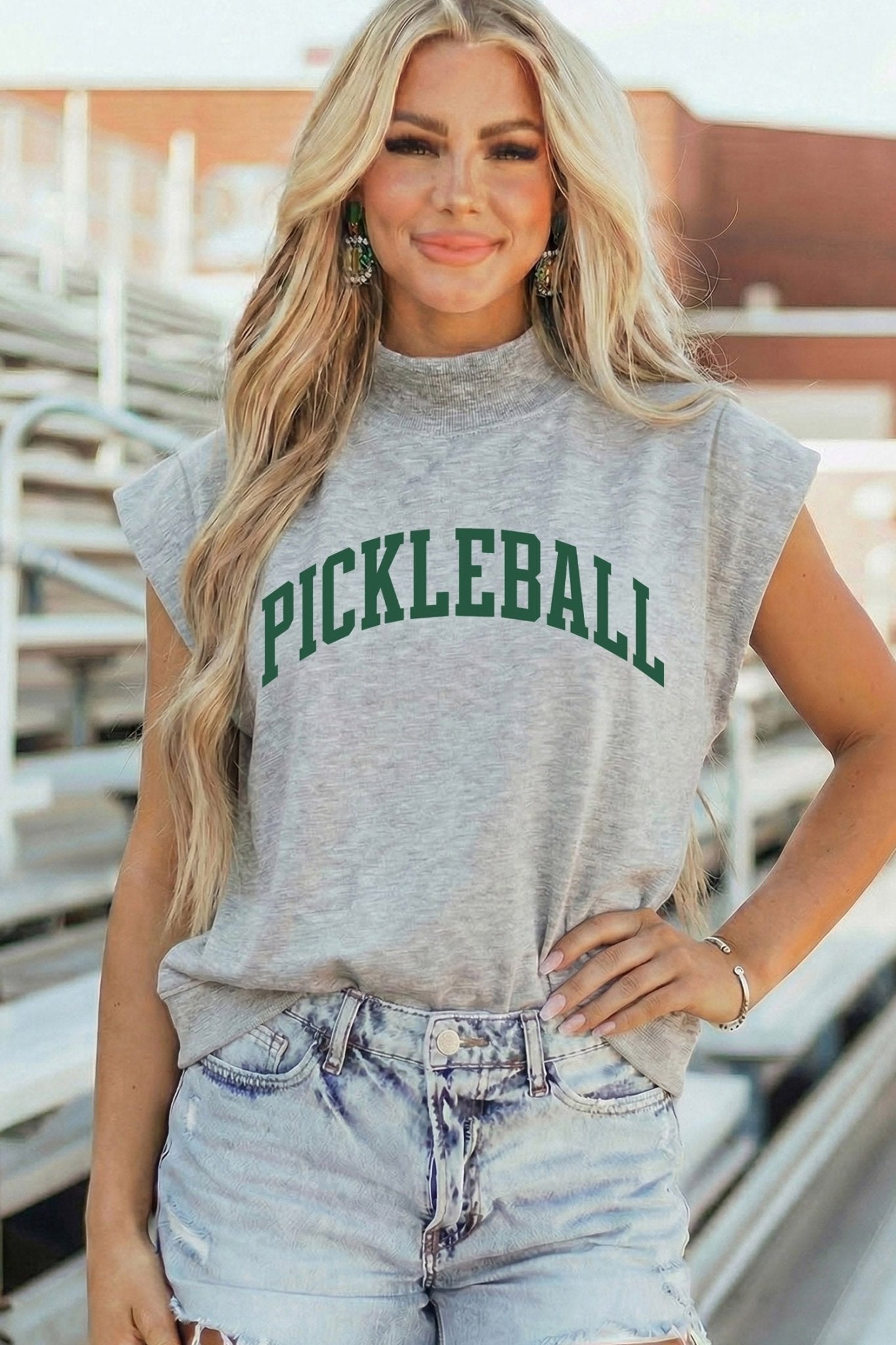 Light Grey PICKLEBALL Lettering Mock Neck Short Sleeve Top - Loving It Shop