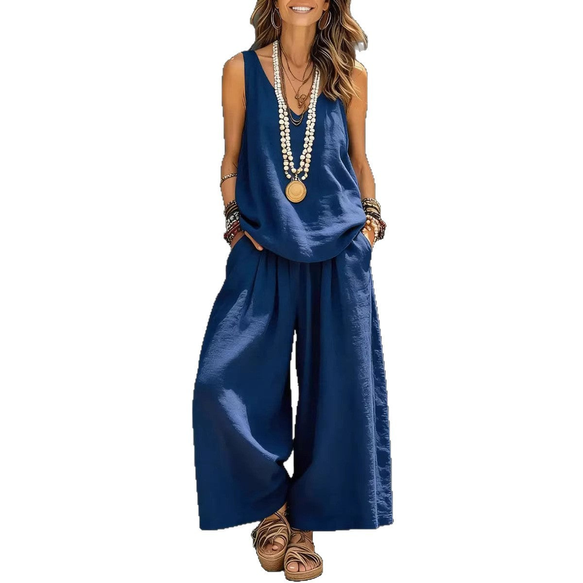 Womens Solid-Colored Casual Sleeveless Tank Top And Wide-Leg Pants Cotton-Linen Set