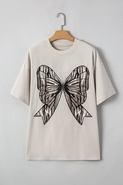 Casual Oversize Big Bow Printed Drop Shoulder Tunic Casual Tee