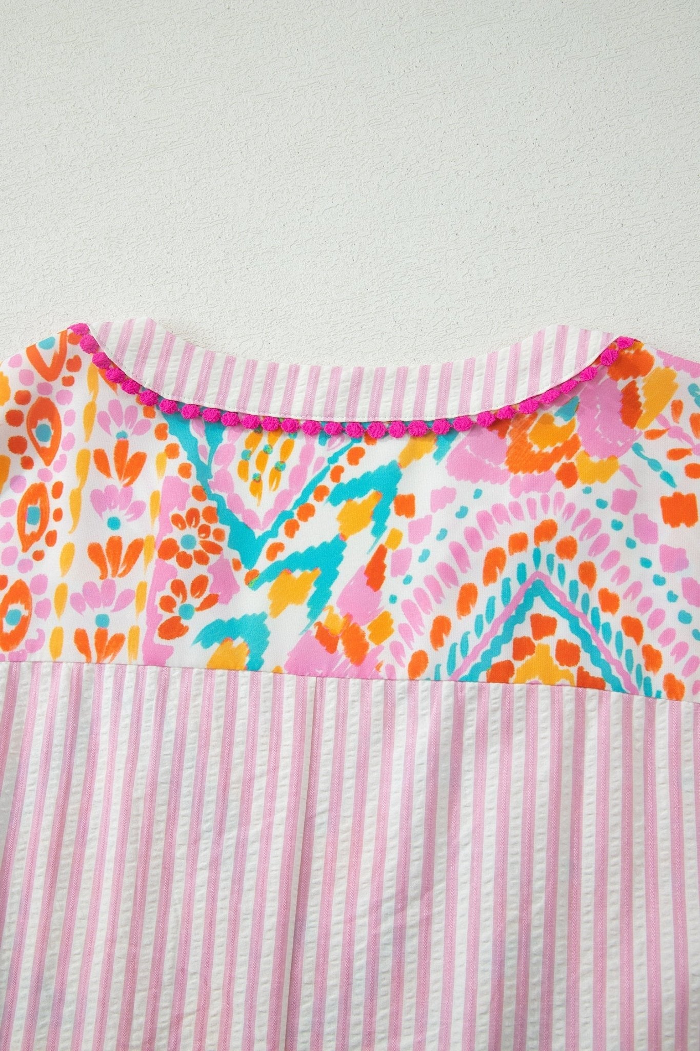 Rose Plus Size Geometric Print Contrast Trim Striped V Neck Blouse - Loving It Shop