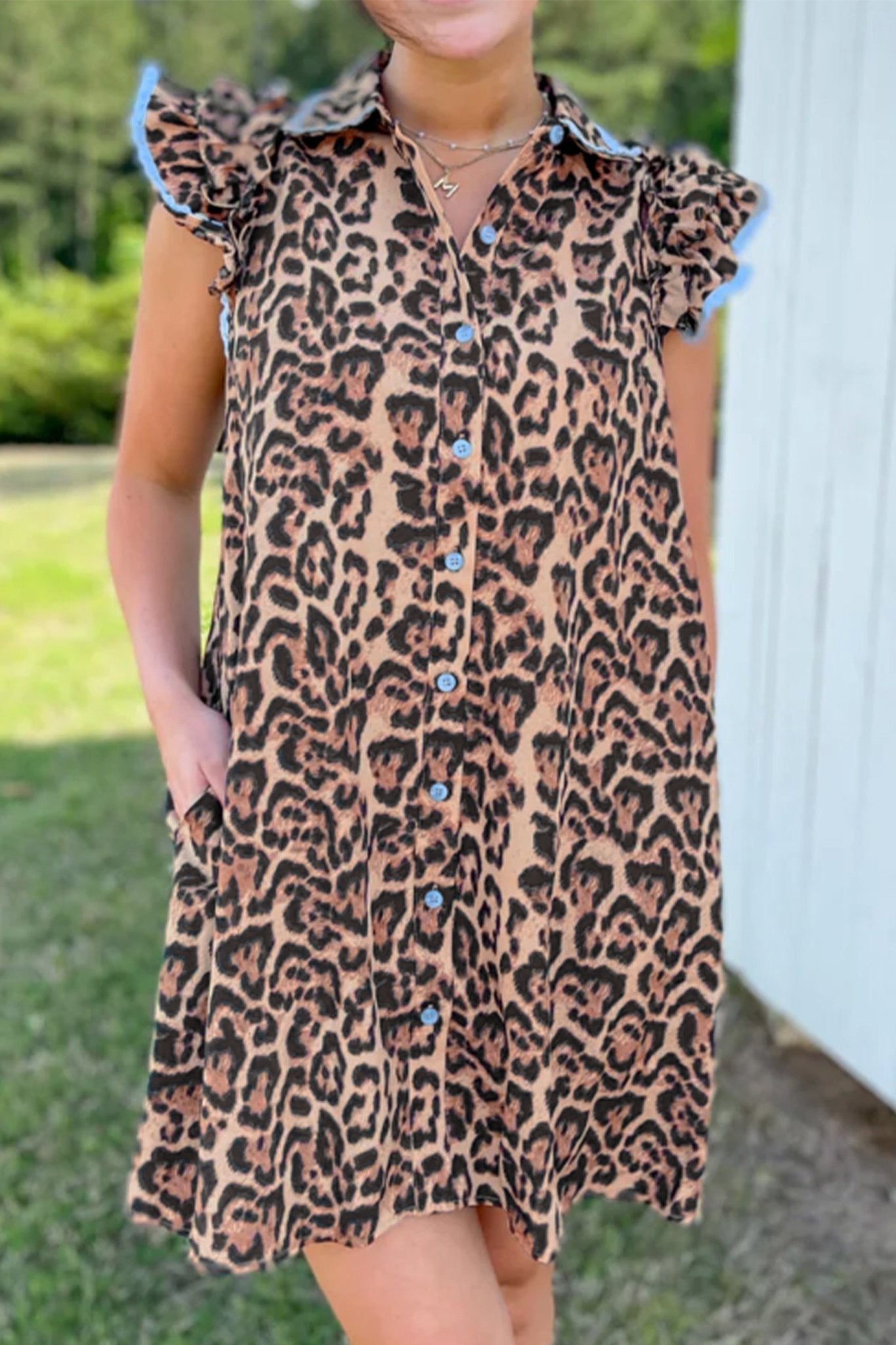 Khaki Leopard Print Lace Trim Shirt Collar Button Down Loose Mini Dress - Loving It Shop