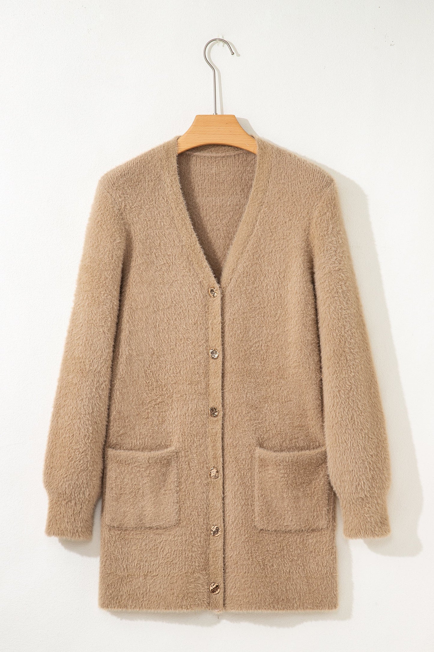 Smoke Gray Fuzzy Buttoned Front Midi Solid Cardigan