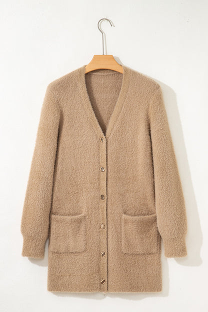 Smoke Gray Fuzzy Buttoned Front Midi Solid Cardigan
