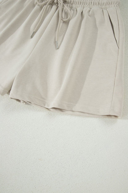 Smoke Gray Solid Color Puffy Loose Top Drawstring Shorts 2pcs Outfit - Loving It Shop