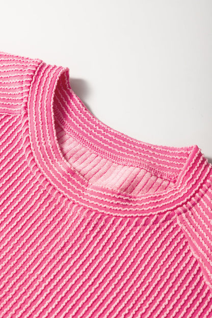 Bright Pink Solid Corded Knit Short Sleeve T Shirt and Wide Leg Pants Set