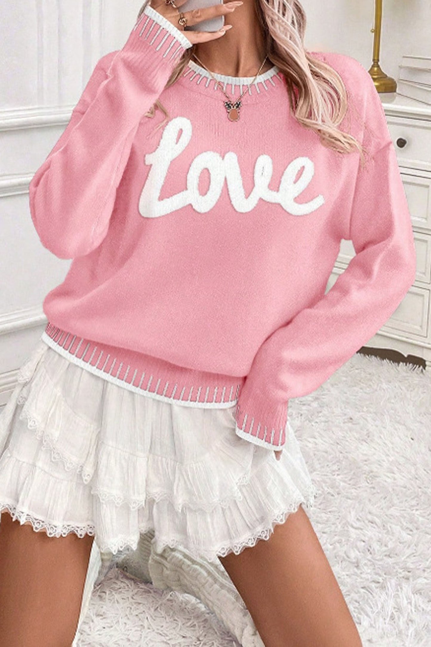 Pink Valentine Love Chenille Letter Graphic Sweater - Loving It Shop