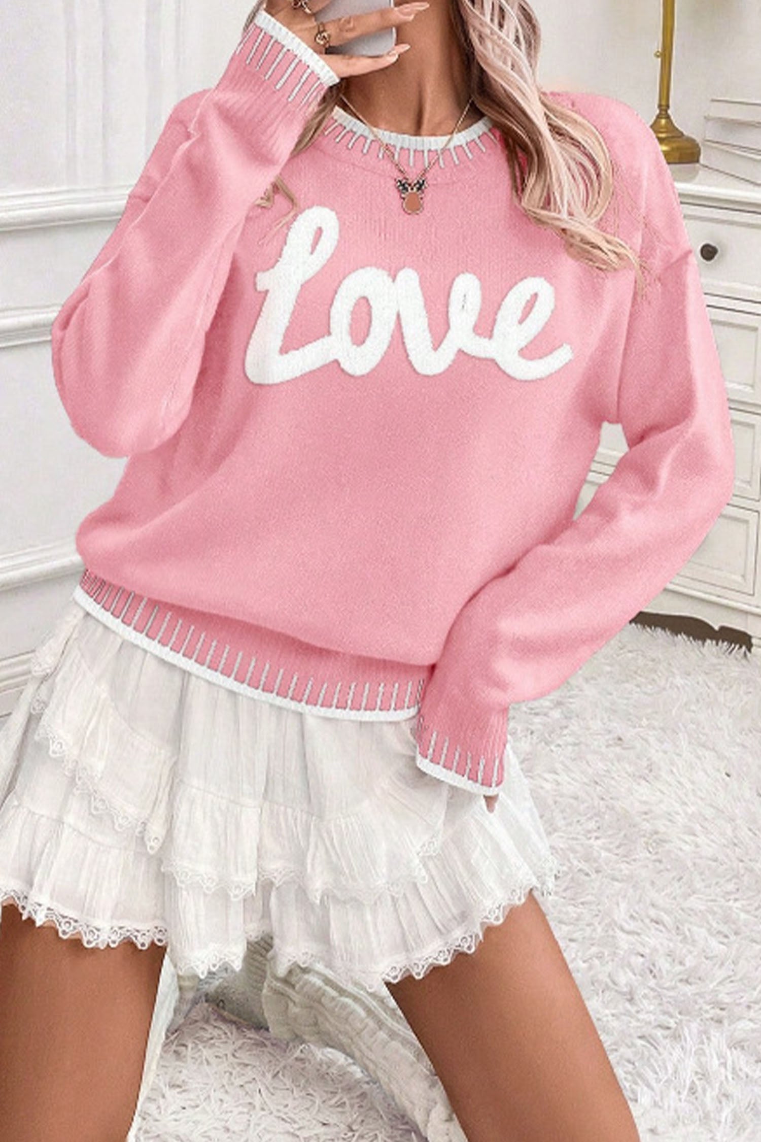 Pink Valentine Love Chenille Letter Graphic Sweater - Loving It Shop