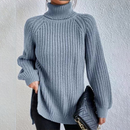Turtleneck Pullover Sweater With Split Design Fashion Simple Solid Color Long Sleeve Tops Women&