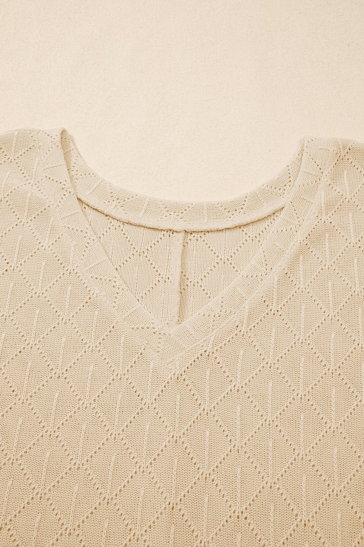 Golden Fleece Pointelle Rhombus Knit Plus Size V Neck Loose Top