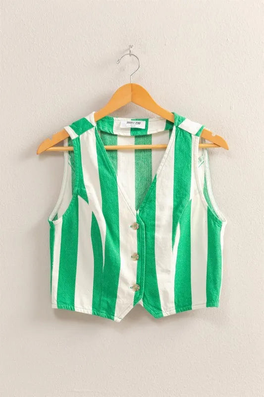 Woven Striped V-Neck Button Down Vest
