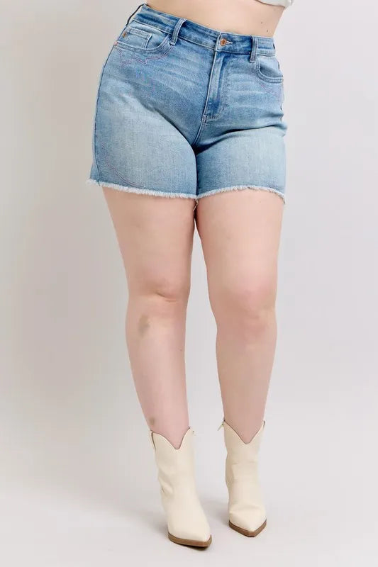 Full Size High Waist Western Embroidery Detail Cut Off Denim Shorts Plus Size
