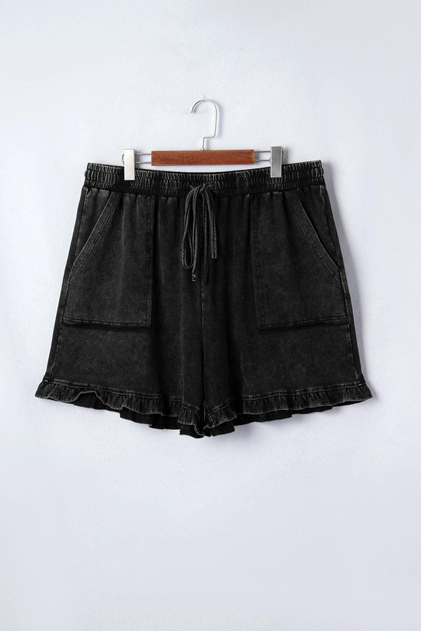 Black Mineral Wash Elastic Waist Drawstring Ruffle Hem Plus Shorts - Loving It Shop