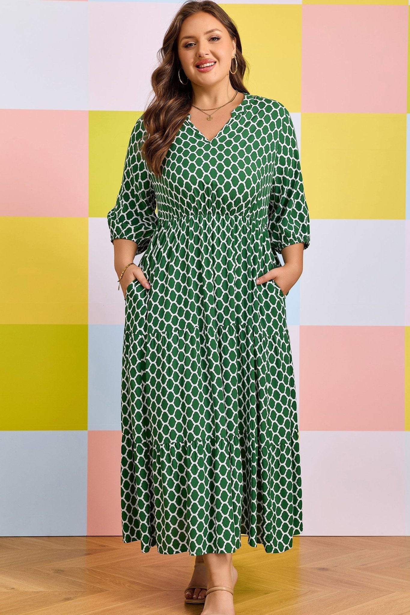 Green Plus Size Geometric Print Pocketed Ruffle Hem Casual Dress - Loving It Shop