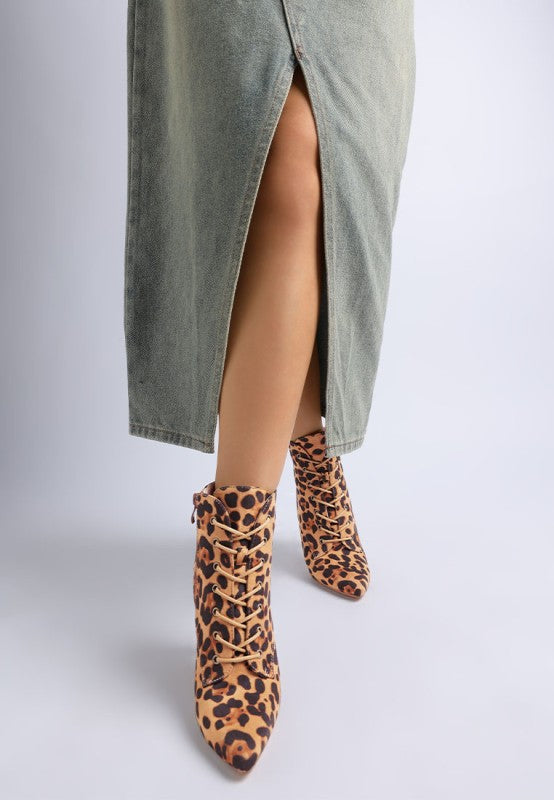 Nesta Leopard Stiletto Heel Lace Up Boots