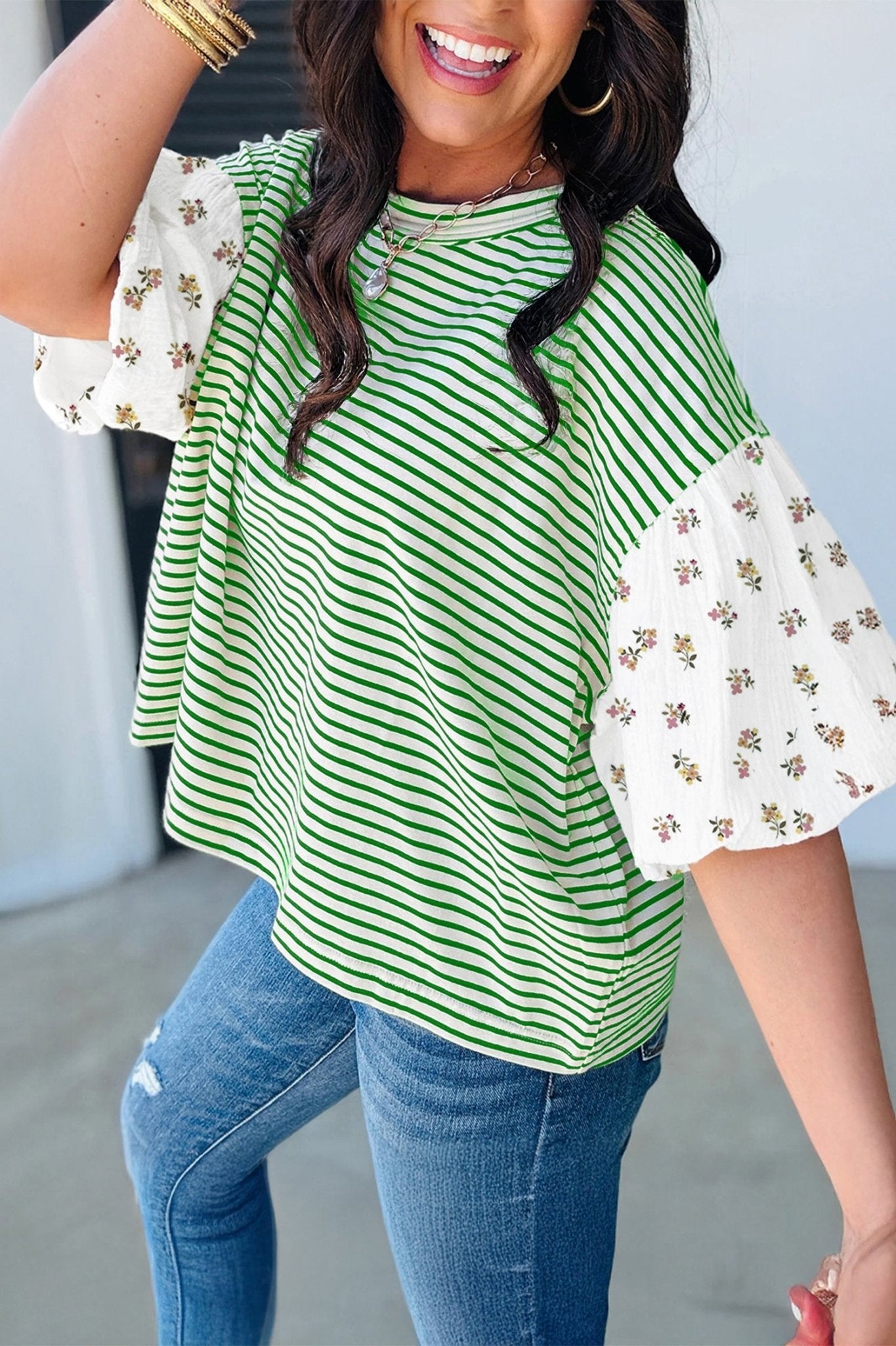 Green Stripe Floral Puff Sleeve Patchwork Round Neck Loose Top - Loving It Shop