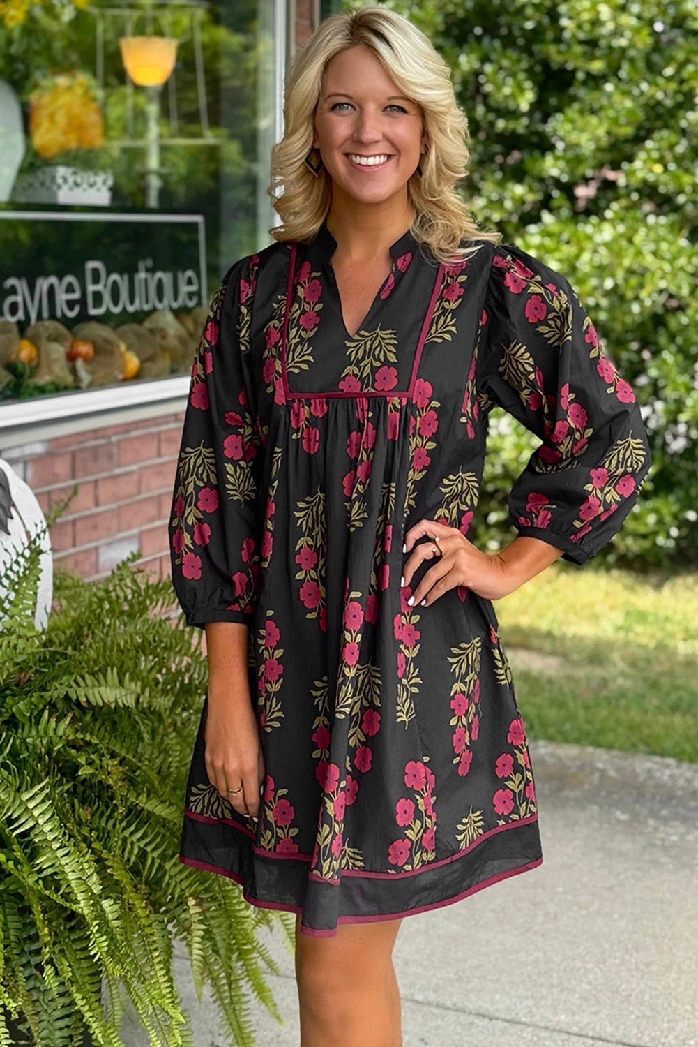 Black Floral Print Notched Neck Piping Trim Bracelet Sleeve Babydoll Dress - Loving It Shop