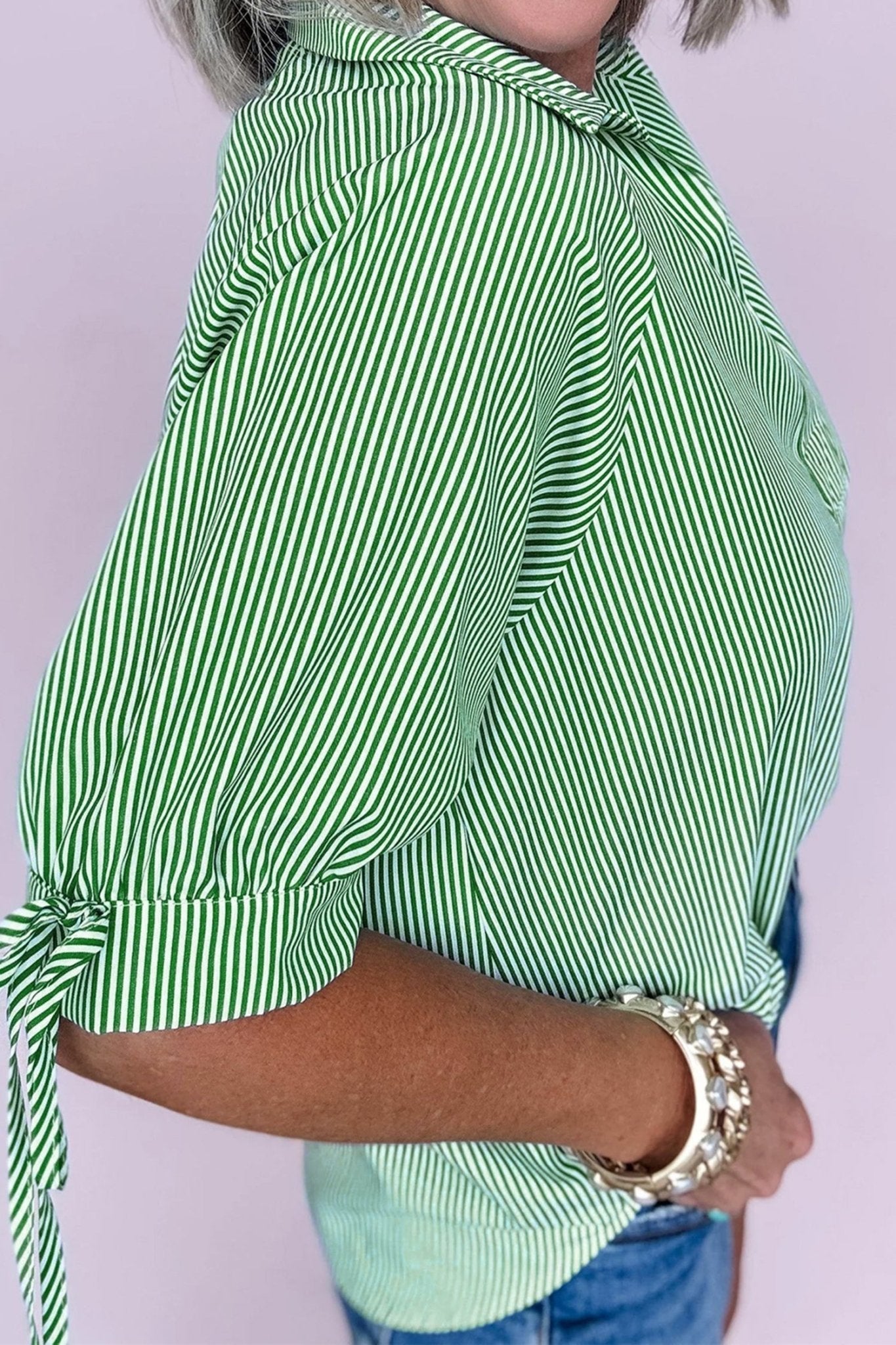 Mint Green Striped Print Collared Split Neck Half Sleeve Blouse - Loving It Shop