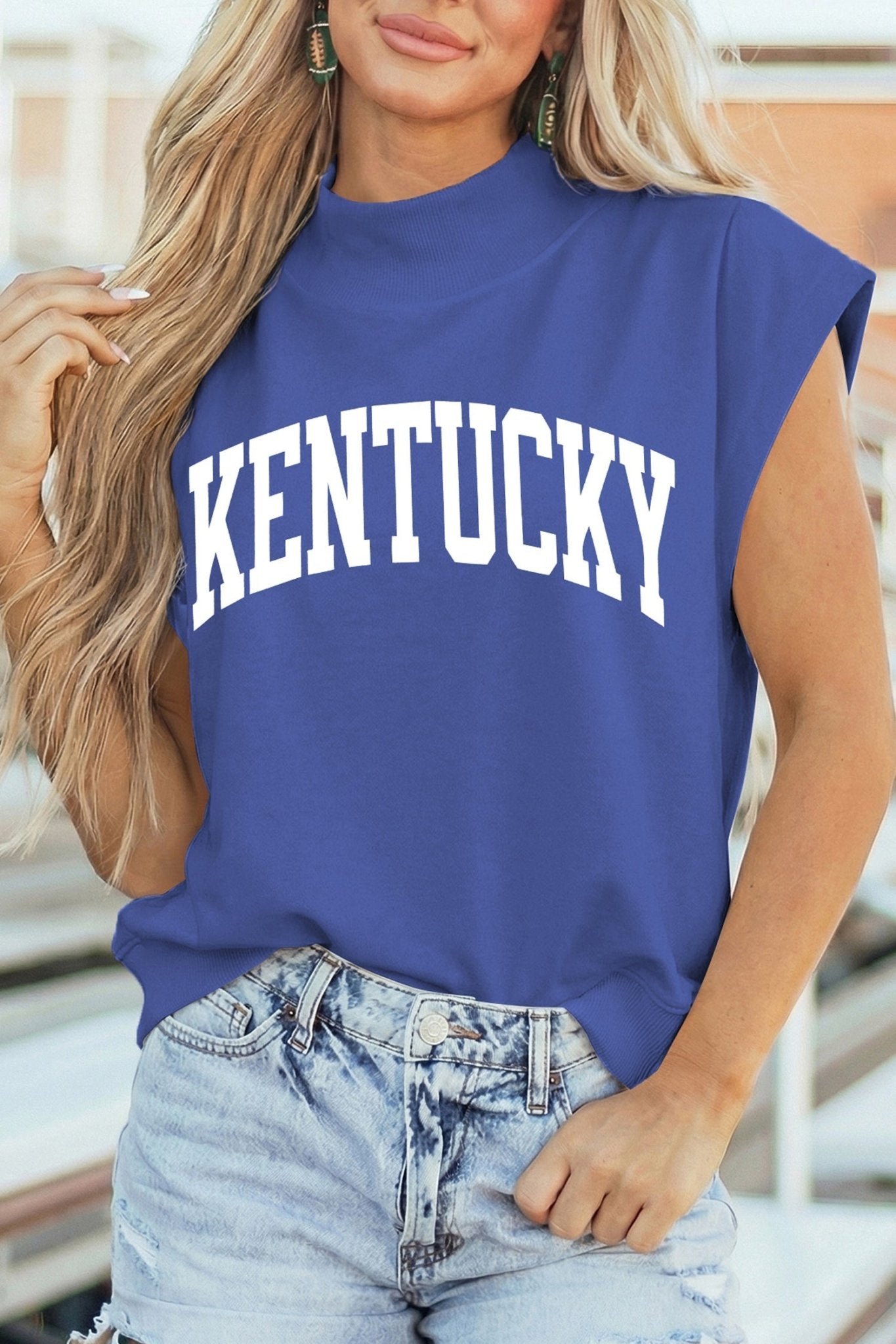 Sky Blue KENTUCKY Leopard KY Double Side Printed Mock Neck Tee - Loving It Shop