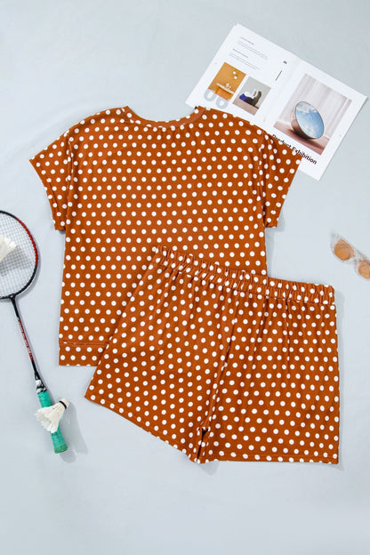 Brown Polka Dot Print Dropped Shoulder Tee Plus Size Short Set - Loving It Shop