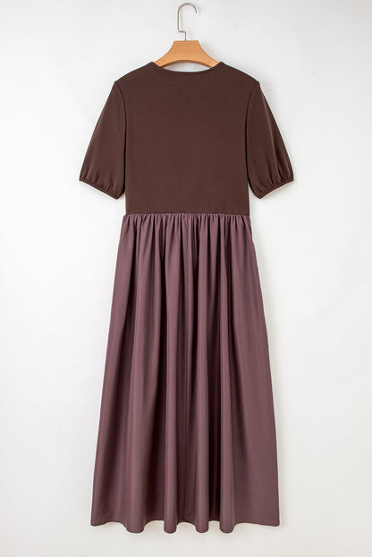 Coffee Short Sleeve Knit Top Patchwork Pleated Long Dress