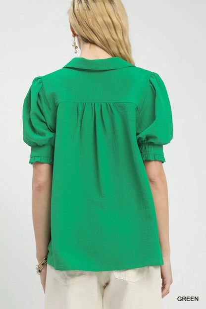 Seersucker Puff Sleeve Blouse