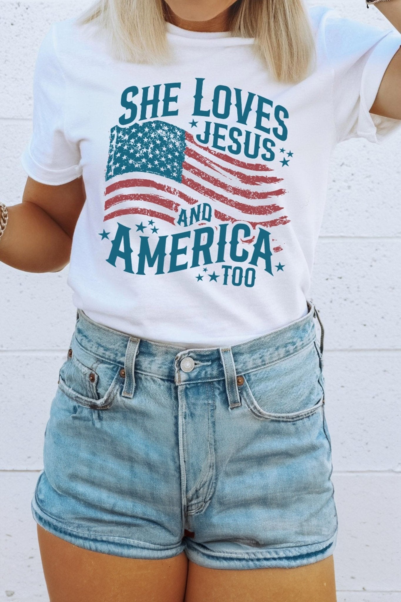White She Loves Jesus and America Flag Graphic Tee - Loving It Shop