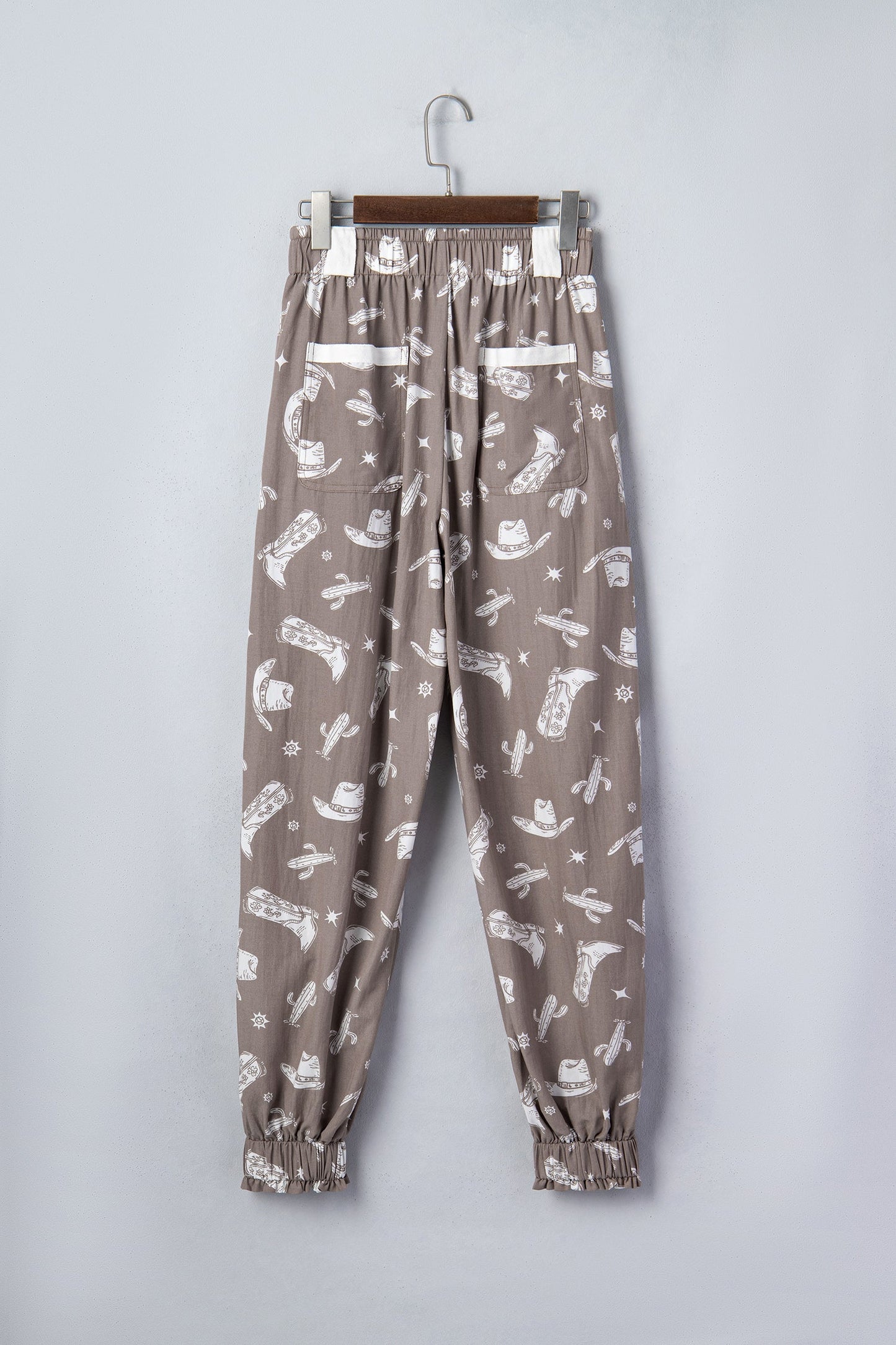 Khaki Western Cactus Cowgirl Hat Boot Printed Vintage Drawstring Jogger Pants