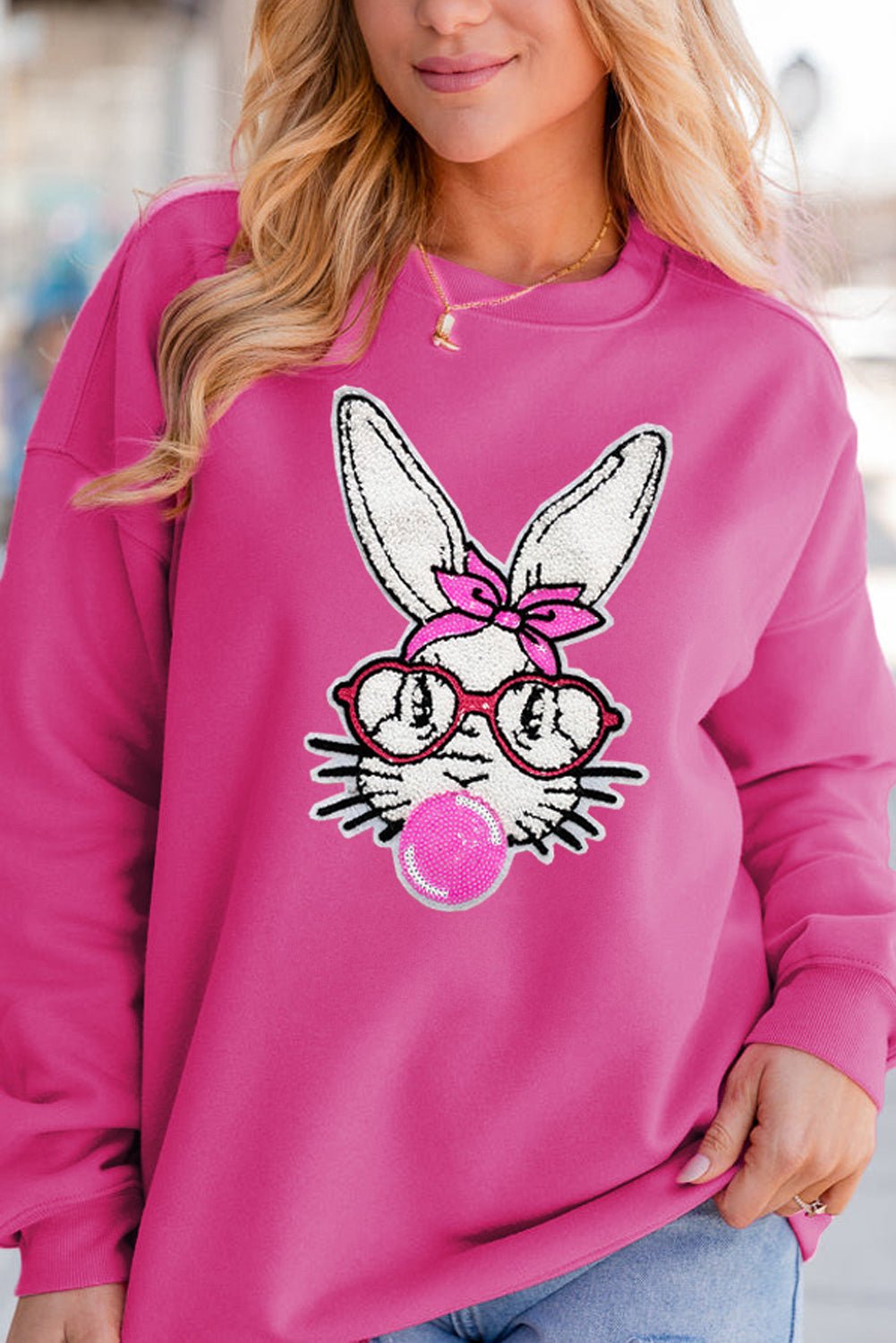 Bonbon Bubble Gum Rabbit Sequin Graphic Drop Shoulder Sweatshirt - Loving It Shop