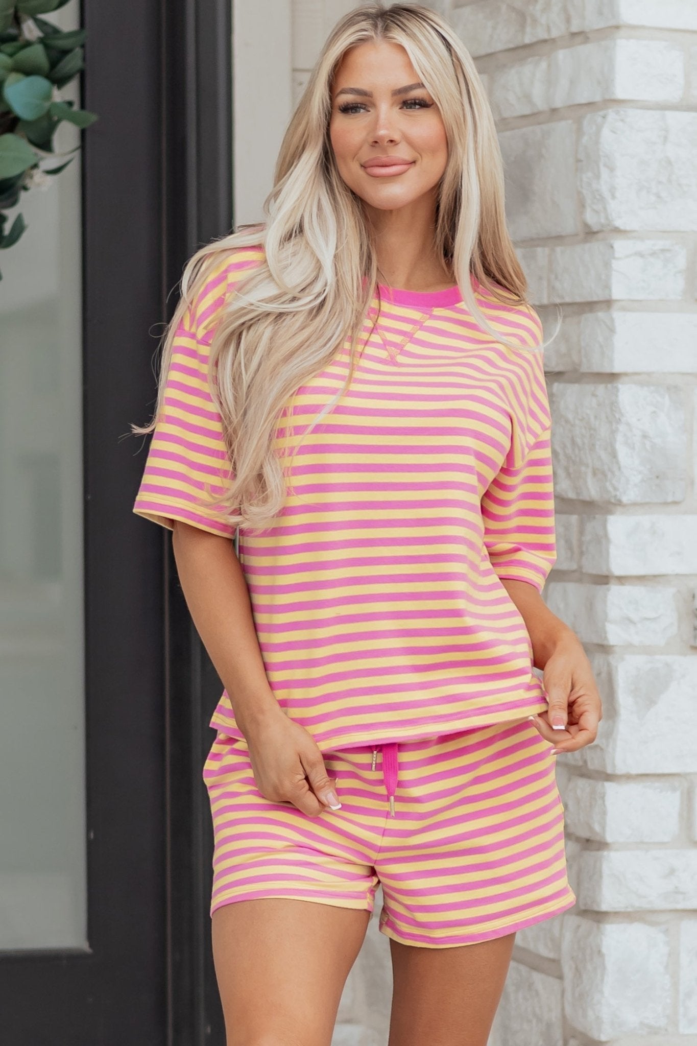 Rose Stripe Drop Shoulder Boxy Casual Terry Short Set - Loving It Shop