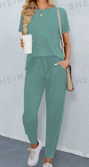 Solid Round Neck Tee &amp; Pants Set