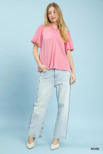 Seersucker Puff Sleeve Blouse