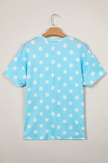 Sky Blue Polka Dot Round Neck Drop Shoulder Patch Pocket Jacquard Texture Top