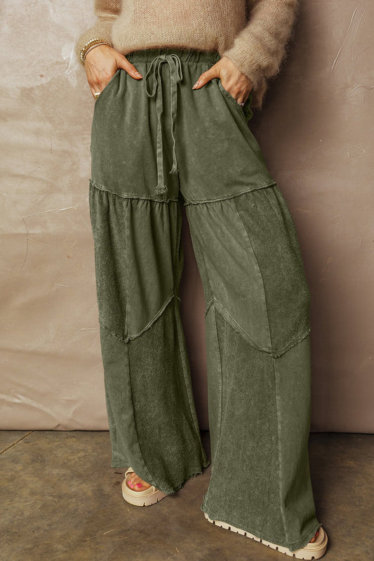 Vineyard Green Mineral Wash Tiered Wide Leg Patchwork Drawstring Pants - Loving It Shop