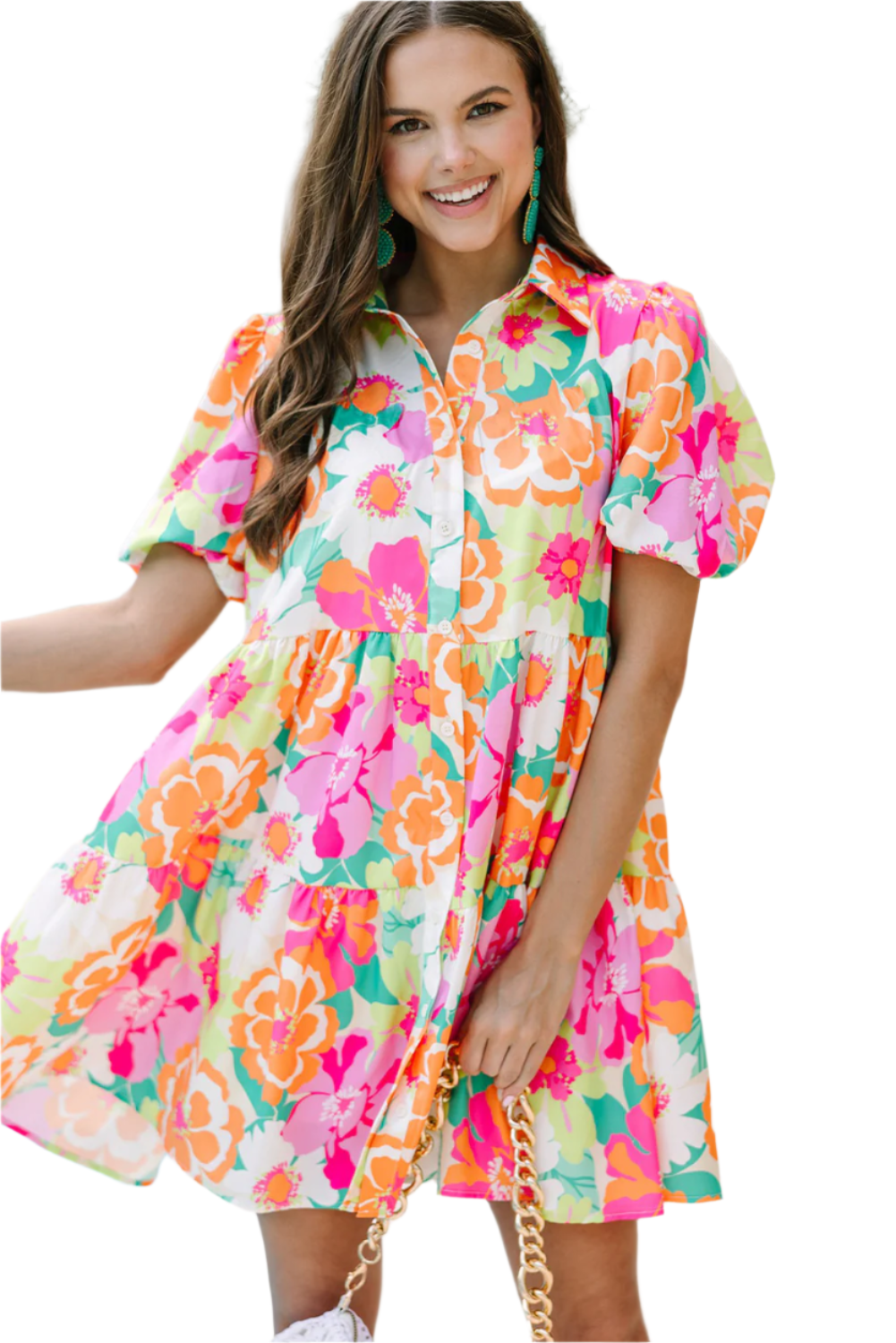 Green Floral Puff Sleeve Buttoned Babydoll Dress