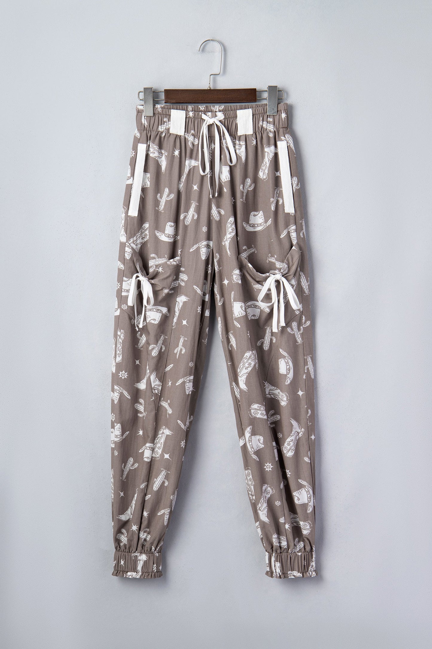 Khaki Western Cactus Cowgirl Hat Boot Printed Vintage Drawstring Jogger Pants