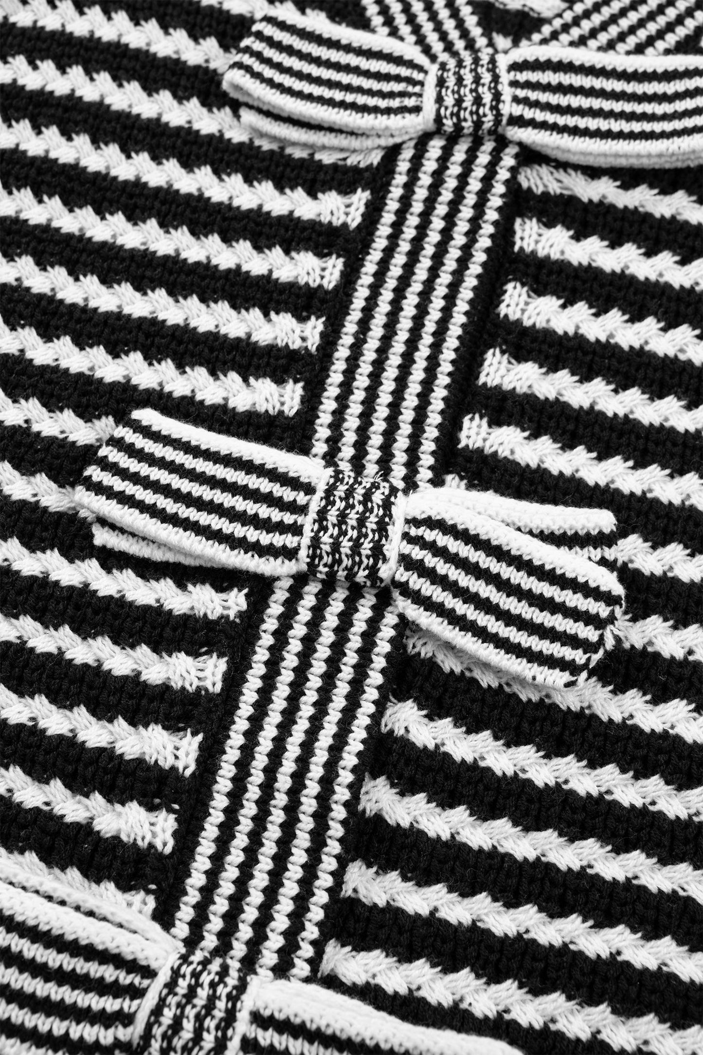 Black Stripe Short Sleeve Knit V Neck Bow Knot Sweater