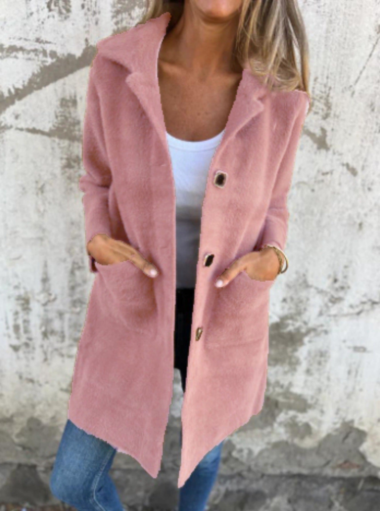 Single-breasted Polo Collar Pocket Mid-length Coat