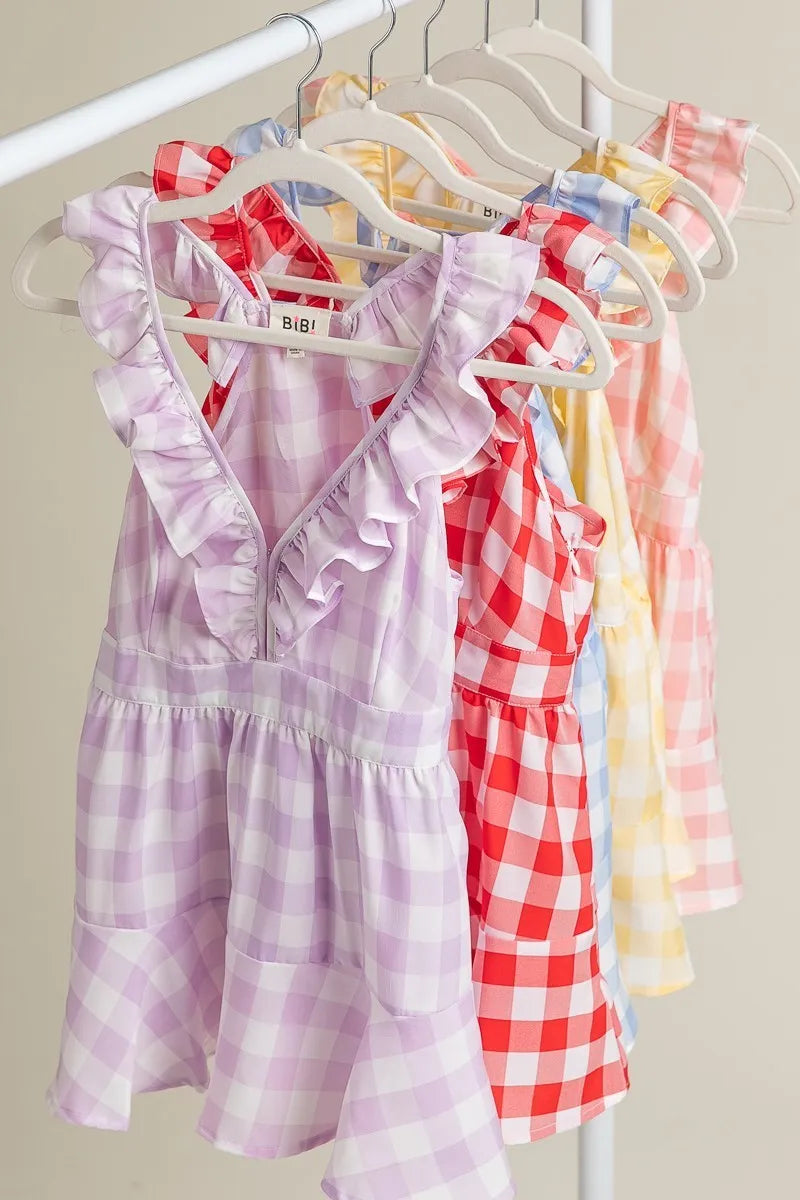 Ruffled Neckline Sleeveless Check Plaid Peplum Top