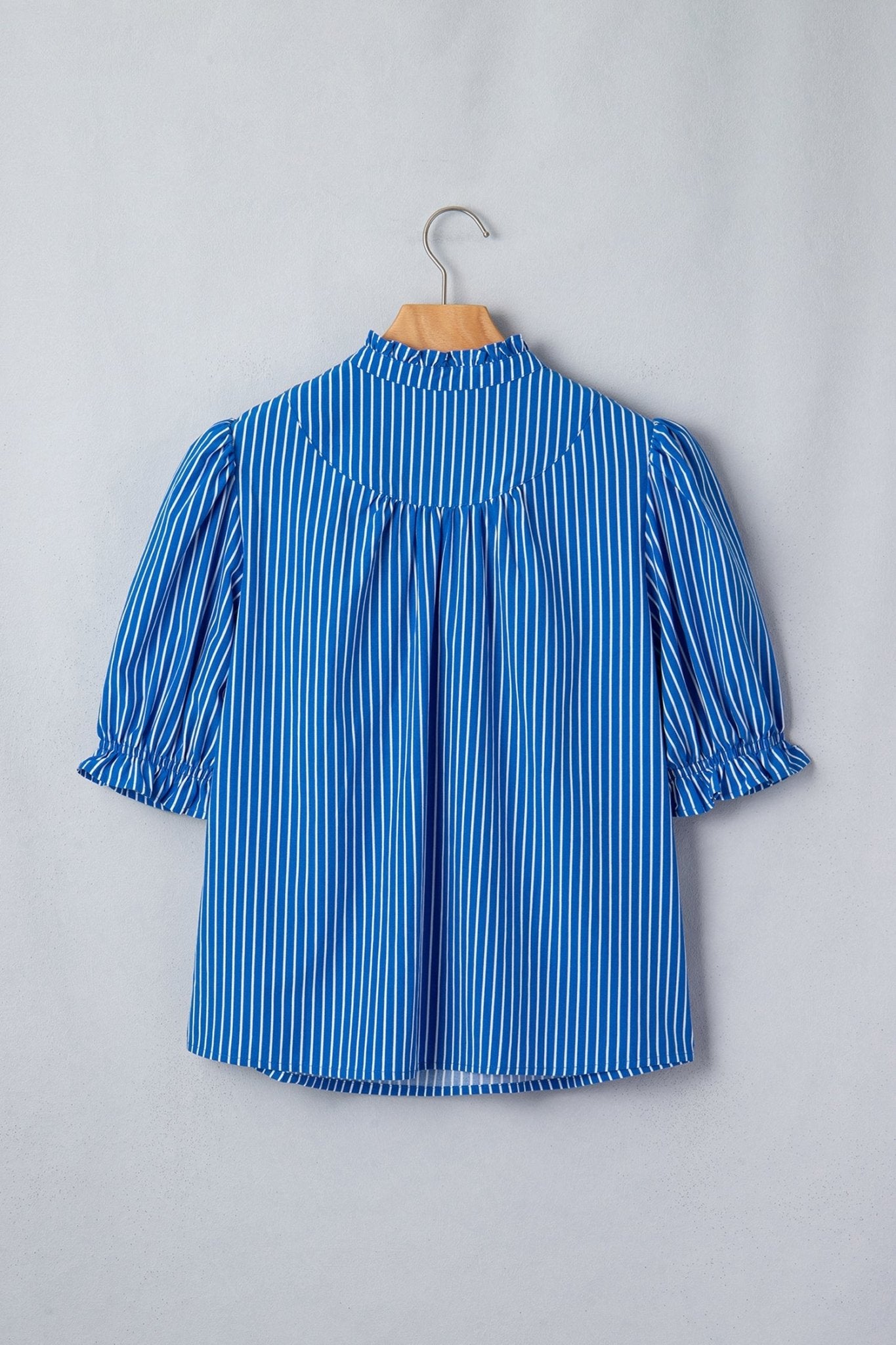 Blue Stripe Ruffled Short Puff Sleeve Button Front Blouse - Loving It Shop