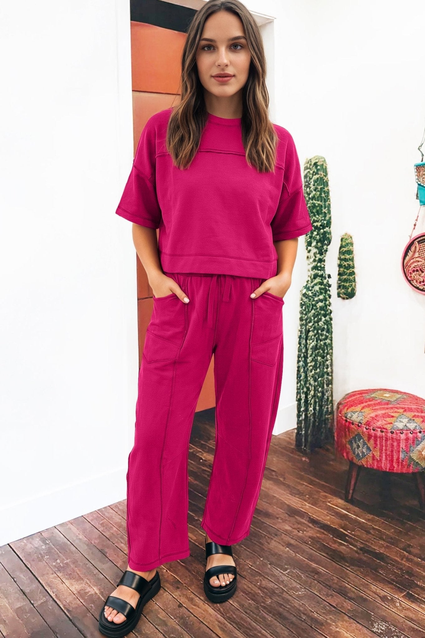 Rose Red Drop Shoulder Boxy Tee and Barrel Pants Set - Loving It Shop