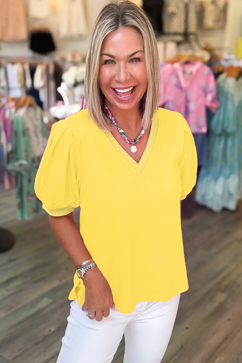 Yellow Solid Color V Neck Short Puff Sleeve Blouse - Loving It Shop