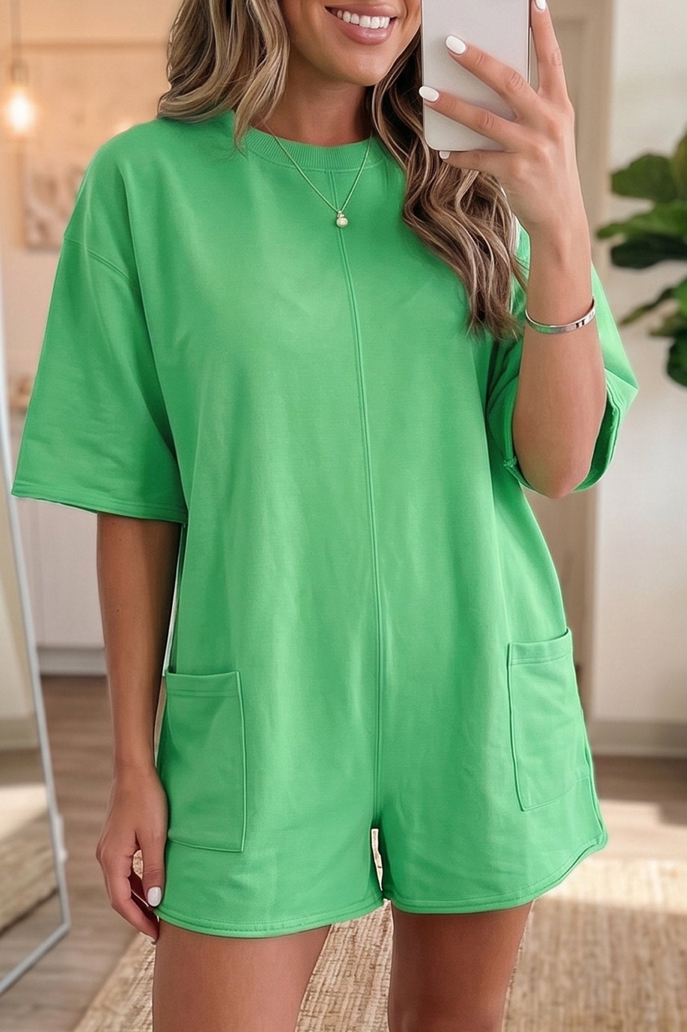 Bright Green Solid Color Raw Edge Half Sleeve Pocketed Loose Romper - Loving It Shop